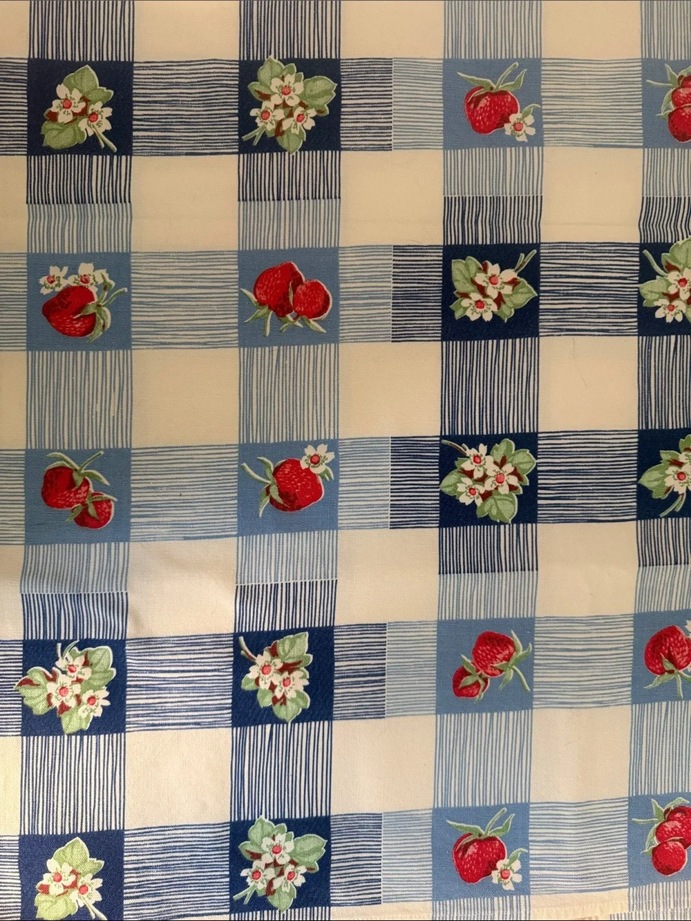 Blue and White Strawberry Floral Check Tablecloth 64 inches x 54 inches